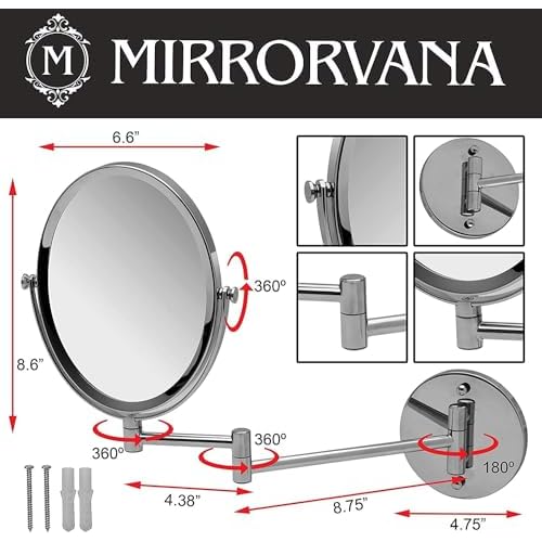 Wall Mounted Bathroom Makeup & Shaving Mirror, Double Sided 5X & 1X Magnification, 13-Inch Extension Swivel Arm, Oval 6.6" x 8.6" Glass Area, Chrome