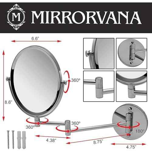 Wall Mounted Bathroom Makeup & Shaving Mirror, Double Sided 5X & 1X Magnification, 13-Inch Extension Swivel Arm, Oval 6.6" x 8.6" Glass Area, Chrome