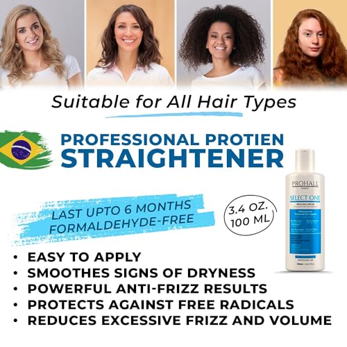 Prohall Cosmetic Select One Brazilian Keratin Hair Treatment for Dry Damaged Hair- Formaldehyde Free Hair Protein Smoothing-Reduce Frizz & Volume while Promoting Hydration, Silkiness & Shine-3.40 FlOz