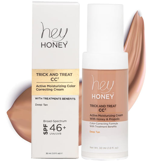 Hey Honey Trick and Treat CC² Cream SPF 46 | Active Moisturizing Color Correcting Cream with Honey & Propolis | Best Cover For Rosacea, Skin Redness & Mature Skin | Cruelty-Free | 1 oz (Deep Tan)