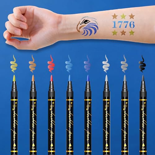 4th of July Temporary Tattoo Markers - 12 Reusable Stencils & 8 Metallic Pens