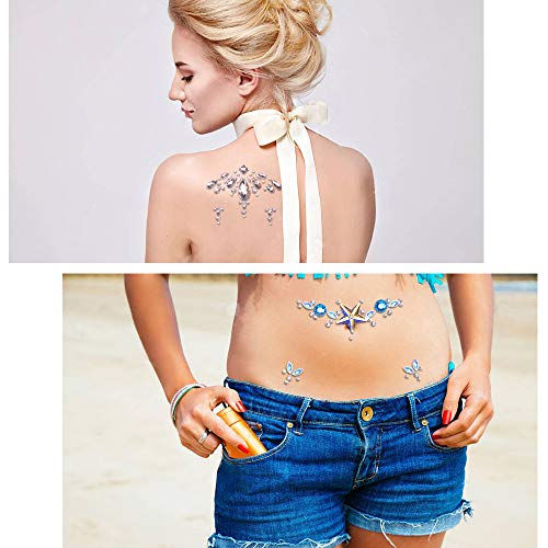 SIQUK 12 Set Mermaid Face Gems Rhinestone Tattoo Stickers