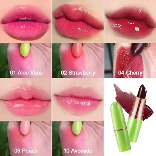 5 Pcs Aloe Strawberry Peach Red Cherry Avocado Color Changing Lipstick Set, Magic PH Mood Lipstick Long Lasting Moisturizing Lip Balm, Temperature Color Changing Lip Gloss,Hydrating Lip Care for Women