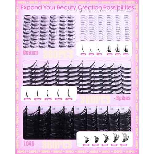 Lash Clusters Kit with Spikes Wispy Lash Extension Kit with Bottom Lashes 100D Eyelash Clusters 380PCS Volume Eyelash Extension Kit Spiky Lashes Clusters Kit with 2-IN-1 Lash Glue, Tweezers