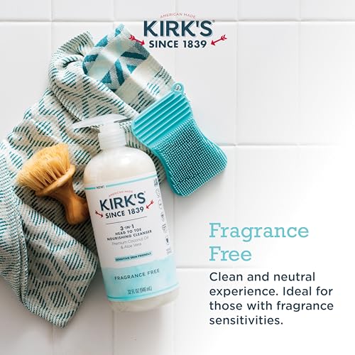 Kirk's 3-in-1 Head to Toe Nourishing Cleanser & Travel Size Bar Soap - for Men, Women & Children, Made with Premium Coconut Oil and Aloe Vera, Non-GMO & Vegan, Fragrance Free, 32 Fl Oz.