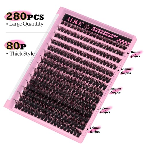 280Pcs Wispy Individual Lashes DIY Eyelash Extensions 8-16MM D-Curly Lash Extensions Lash Clusters 80D Cluster Eyelashes DIY at Home by ALICE