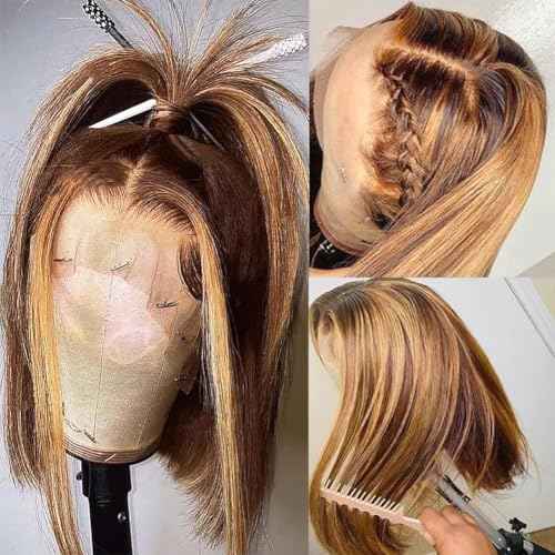 Highlight Bob Wig Human Hair P4/27 Color 13x4 HD Lace Front Wigs Human Hair Pre Plucked Hairline for Women Blonde Highlight Bob Wigs 180% Density 12 Inch