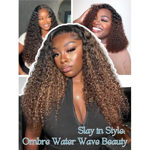 12A Brown Ombre Human Hair Bundles Water Wave 18 Inch, Chestnut Ombre Brown Wet n Wavy Single Bundle with Dark Roots 3 Tone Color #T1B/2/30 Thick Sew In Weave Remy Hair Keep Soft After Washes