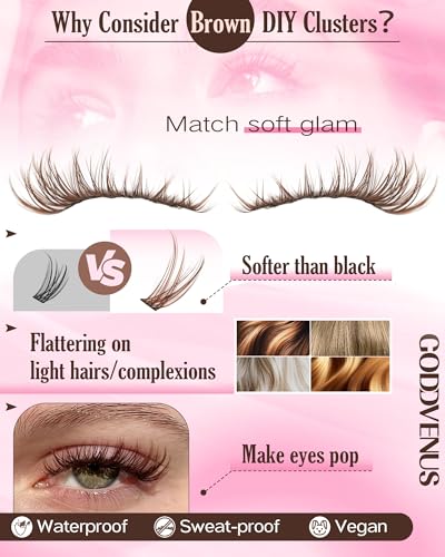 Goddvenus E-brown Clusters Natural Wispy Eyelash Extensions Kit 300Pcs Light Brown 10-16mm