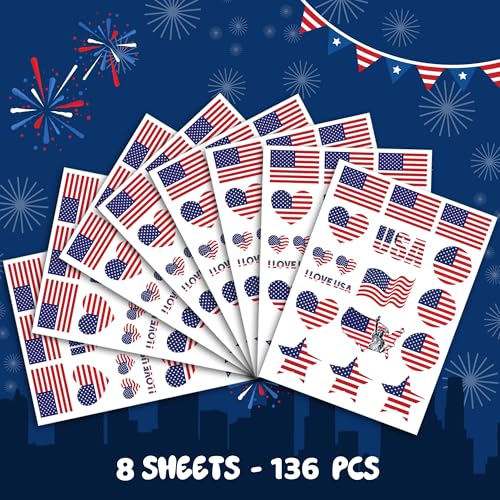 136 PCS American Flag Tattoos, Fourth of July Decorations Tattoos, Red White and Blue Party Supplies, Gifts for Boys, Girls, Accessories for Independence Day, Memorial Day, Labor Day
