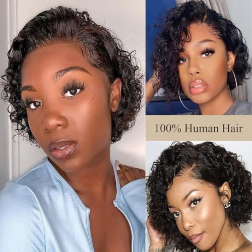 Bworto 6 Inch 13x4 Lace Front Curly Wigs Human Hair Deep Wave Natural Black