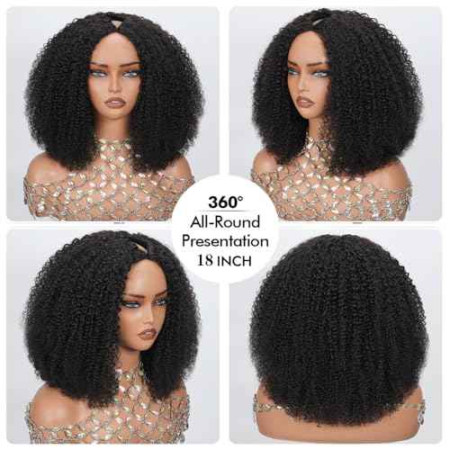 Kinky Curly V Part Wig Human Hair Upgrade U Part Human Hair Wig With Adjustable Drawstring Wig V Shape Clip In Half Wigs Afro Curly for Women No Sew in NO Glue200% Density 18 Inch