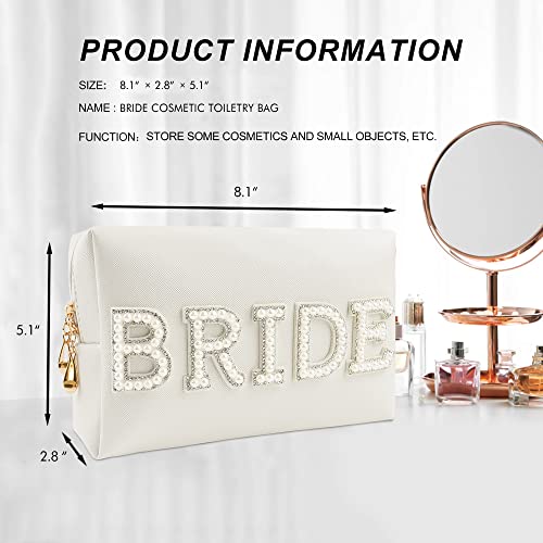 Bride Makeup Bag with Pearl Rhinestone Patch - White Travel Toiletry Pouch