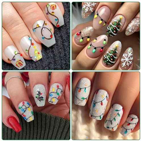 2 Sheets Embossed Christmas Nail Stickers, 5D Colorful Light String Self-Adhesive Nail Art Decals for Women Girls DIY Winter Xmas Tree Manicure