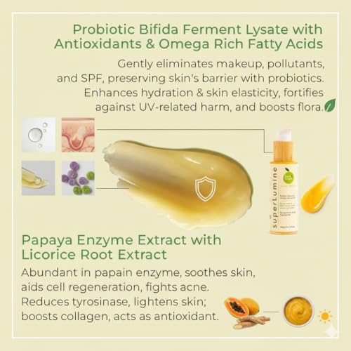 superLumine Balm-to-Milk Probiotic Cleanser & Makeup Remover ? Melts Waterproof Makeup & SPF ? Brightens with Papaya & Licorice ? Fragrance-Free ? Barrier Support for Dry Sensitive Skin ? 100ml