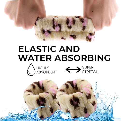 Spa Headband Wrist Band for washing face set Sponge Makeup Skincare Headband Wrist Towels Bubble Soft Terry Towel Cloth Hairband for Women Puffy Headwear Non Slip Thick Thin Hair Headwear (Leopard)