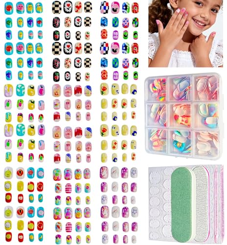 ABOLINE 229Pcs Nail Kit: 216 Short Press-On Nails with Glue & 9 Nail Tabs, Fruit Style for Girls