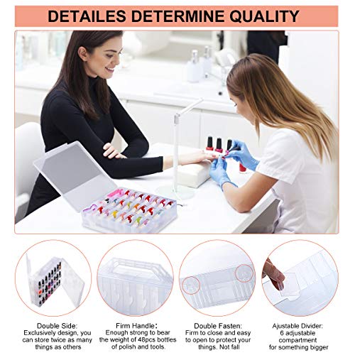 SUBAY Portable Nail Polish Organizer, Clear Double Side Nail Polish Holder,Gel Nail Storage for 48 Bottles with 6 Adjustable Dividers in Each Side Space Saver