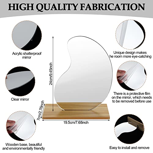 Blulu 2 Pack Acrylic Makeup Mirror Irregular Aesthetic Vanity Mirror with Wooden Stand Desk Frameless Decor Asymmetrical Cloud Wavy for Bedroom Living Room Minimal Spaces Decor
