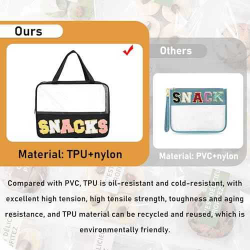 Chenille Letter Snacks Bag Zipper Pouch TPU&Nylon Clear Cosmetic Bag with Handle Toiletry Bags Travel Makeup Bag Multi-purpose Clear Pouches For Women (SNACKS, Black)
