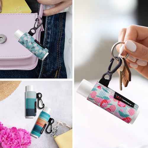HEYSKAY 3PCS Lip Balm Holder Sleeves Chapstick Holder Keychain Lip Gloss Holder Keychain Elastic Sleeves (Black/light blue strip/dark blue strip)