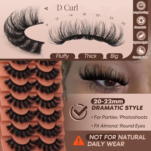 Mink Lashes Fluffy False Eyelashes 20-22mm Dramatic Volume Eyelash Full Eye Lashes 8D D Curly Fake Eyelashes 7 Pairs Faux Mink Lashes Multipack by TOOCHUNAG