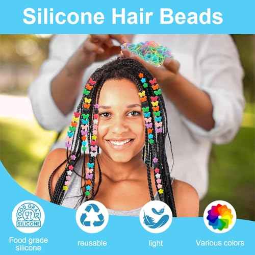 Waldeinsamkeit 200 Silicone Hair Beads Set 5mm Butterfly Star Hair Beads 10 Colors for Girls Braids 2 Plastic Quick Beaders 100 Elastic Rubber Bands Soft Micro Silicone Hair Beads for Braids