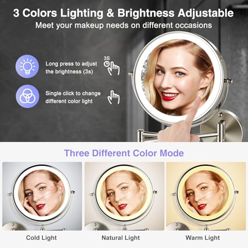 Magnifying Mirror with Lights 1X/20X: 8.5" Double Sided 3000mAh Rechargeable Wall Mounted Lighted Makeup Mirror for Bathroom, Brushed Nickel
