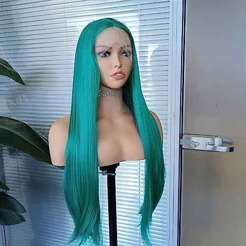 RONGDUOYI Teal Green Synthetic Lace Front Wigs 24inches Emerald Green Long Silky Straight Lace Front 13x4 Synthetic Wig with Natural Hairline Heat Fiber Hair Christmas Cosplay Wigs for Women