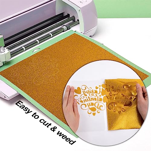 HTVRONT Gold Glitter HTV Vinyl Roll-12 x 15FT Gold Glitter Heat Transfer Vinyl for Shirts, Glitter Iron on Vinyl for All Cutter Machine，Easy to Cut for Heat Vinyl Design