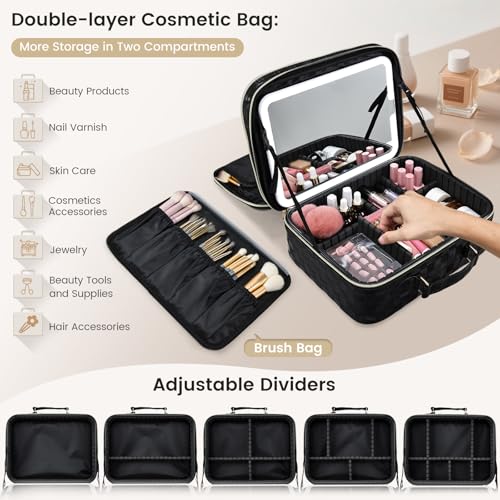Makeup Bag with LED Lighted Mirror & Brush Holder