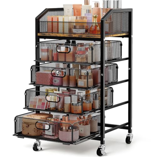 SUNALLY Black 5-Tier Rolling Makeup Cart with Drawers and Lockable Wheels