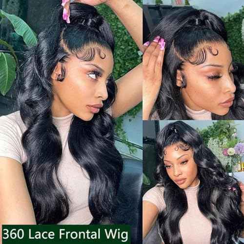 360 Lace Front Wigs Human Hair 220% Density Hidden Straps Body Wave HD Lace Front Wigs with Drawstring 360 Full Lace Wigs Brazilian Virgin Human Hair Wig for Women Natural Black 22Inch
