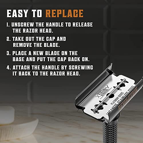 SHAVING REVOLUTION Long Handle Double Edge Safety Razor - Butterfly Open Razor 10 Japanese Stainless Steel Double Edge Blades - Close, Clean Shaving Razor Men., Black Long Handle, 12 Piece Set