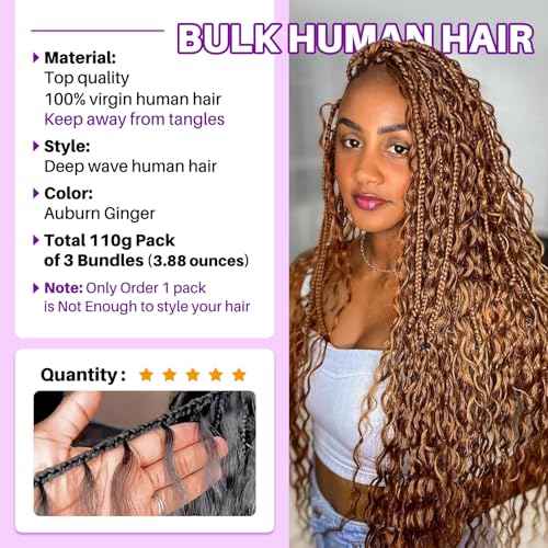 Human Braiding Hair for Boho Braids, Deep Wave Bulk Boho Braids Human Hair for Knotless Curly Bohemian Water Wave Braiding 110g 22 Inch Auburn Ginger (3 No Weft Bundles/Pack)