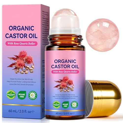Organic Castor Oil Roll-On with Rose Quartz Roller, 2 oz