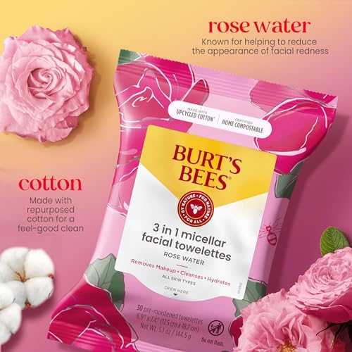 Burt's Bees Rose Water Face Wipes, for All Skin Types, Hydrating Micellar Makeup Remover & Facial Cleansing Towelettes, 30 Ct (3-Pack)