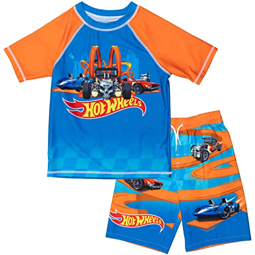 Hot Wheels Raglan Rash Guard and Swim Trunks UPF 50+ Outfit Set Toddler to Big Kid Sizes (2T - 10-12)