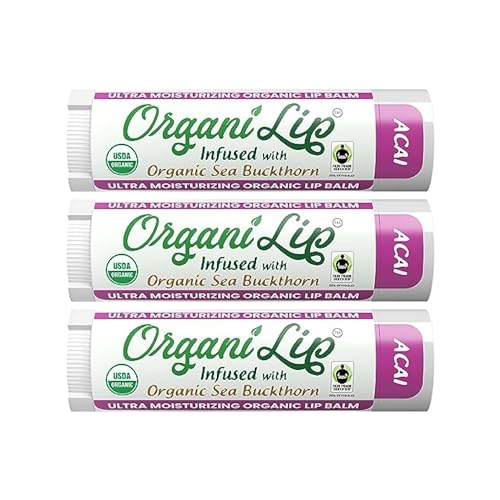 OrganiLip Organic Lip Balm, Acai Flavor, Ultra Hydrating Lip Moisturizer for Cracked or Dry Lips, Oval Shaped Tube, USDA Certified Organic, 3 Pack