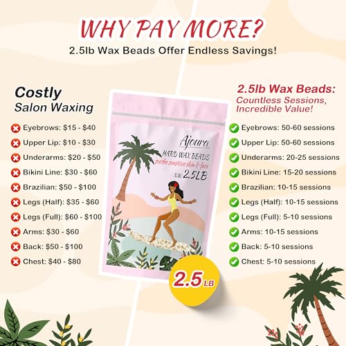 Ajoura 2.5 lb Wax Beads for Hair Removal - Premium Hard Wax for Coarse Hair, Ideal for Brazilian Bikini, Legs, Face, Underarms, Arms, Chest, Back - Sensitive Skin for Efficient Home & Salon Waxing
