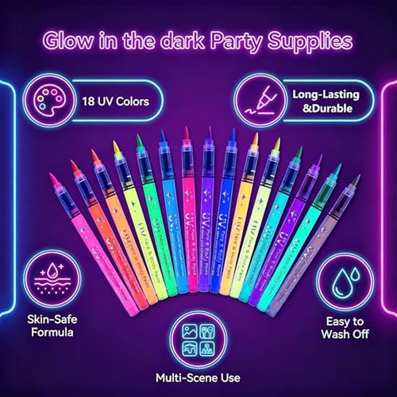 18-Color UV Glow Body Paint Pens - Neon Temporary Tattoo Markers