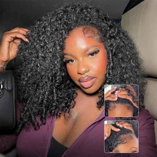 BGM GIRL 3 in 1 Burmese Curly Half Wig Human Hair Glueless Flip Over Half Wig with Drawstring Spiral Curly Ends for Women Easy Install Natural Black 180% Density 20 Inch
