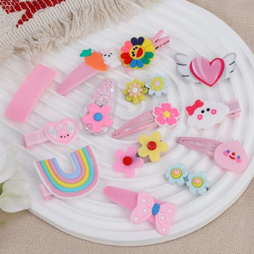 Unaone Hair Accessories Set for Kids - 10 PCS Cute Hair Ties and 14 PCS Cartoon Hair Clips, Flower Rainbow Hair Pins Barrettes Elastic Hair Bands Ponytail Holders Set for Thick Hair & Thin (24 Pieces)