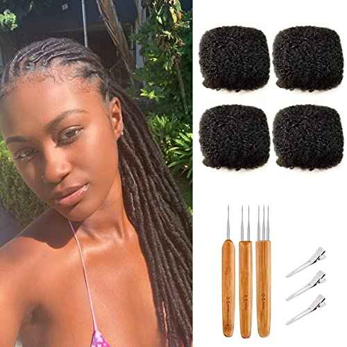 Tight Afro Kinky Bulk Human Hair for Dreadlock Extensions 100% Human Hair,120g 4 Packs 10 Inches Long,Natural Black #1B,Repair Extensions,Making Locs or Braids, with Needles and Hairpin