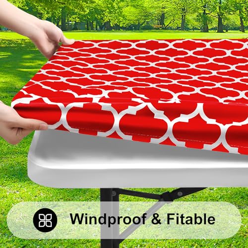 smiry Rectangle Picnic Tablecloth, Waterproof Elastic Fitted Table Covers for 4 Foot Tables, Wipeable Flannel Backed Vinyl Tablecloths for Camping, Indoor, Outdoor (Red Morocco, 30x48 Inches)