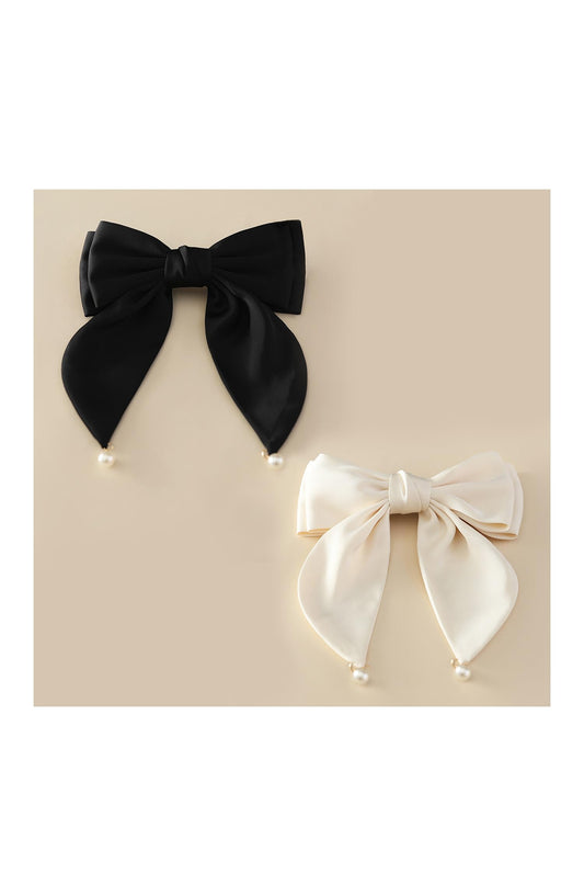 Handmade Silky Bow Hair Barrettes Clips with Pearl Pendant Bows Hair Slides Metal Clips French Style for Women and Girls Hair Accessories 2pcs (Black and Creamy White)