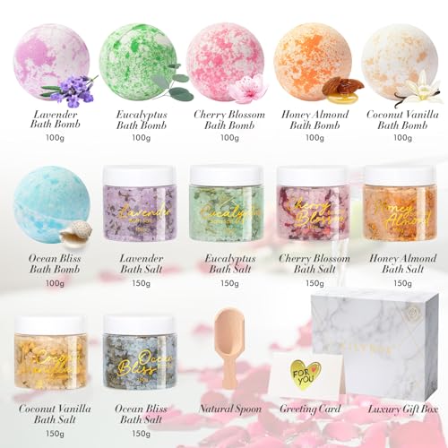 Mothers Day Gifts for Women - 15 Pcs Luxury Spa Gift Set Bath and Body Gift Set for Mom & Dad | Perfect Valentines Day, Christmas, Birthday Gifts with 6 x 150g Bath Salt & 6 x 100g Bath Bomb for Women
