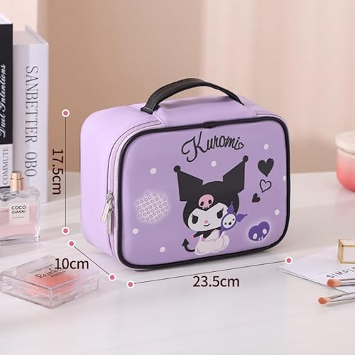 Kuromi & Hearts PU Cosmetic Bag Makeup Pouch Travel Portable Vanity Case Organizer with Handle - White