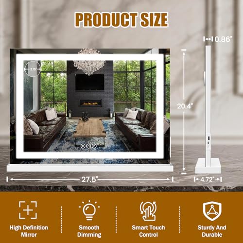 Vanity Mirror with Lights 28"x20", LED Makeup Mirror, 3 Color Lighting Modes, 10X Magnification, Smart Touch Control, Dimmable, Aluminum Metal Frame, Lighted Up for Vanity Desk (White)