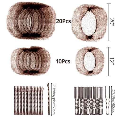 130pcs Hair Nets for Buns Set, 30pcs Dance HairNets(20'' & 12'') for Ballet Girls/Women, Invisible, 100pcs Secure & Natural Bun Bobby Pins(2"), Brown Hair Bun Accessories